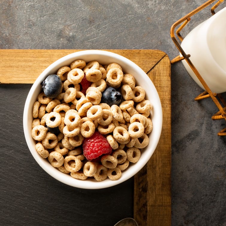 Healthy cold cereal in a white bowl